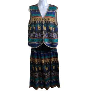 Vintage Melrose Knits By Christian De Castelnau Aztec Vest‎ Skirt Set Size S/M